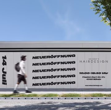 Grafik zur Neueröffnung von Heiders Hairdesign auf einer Bauwand