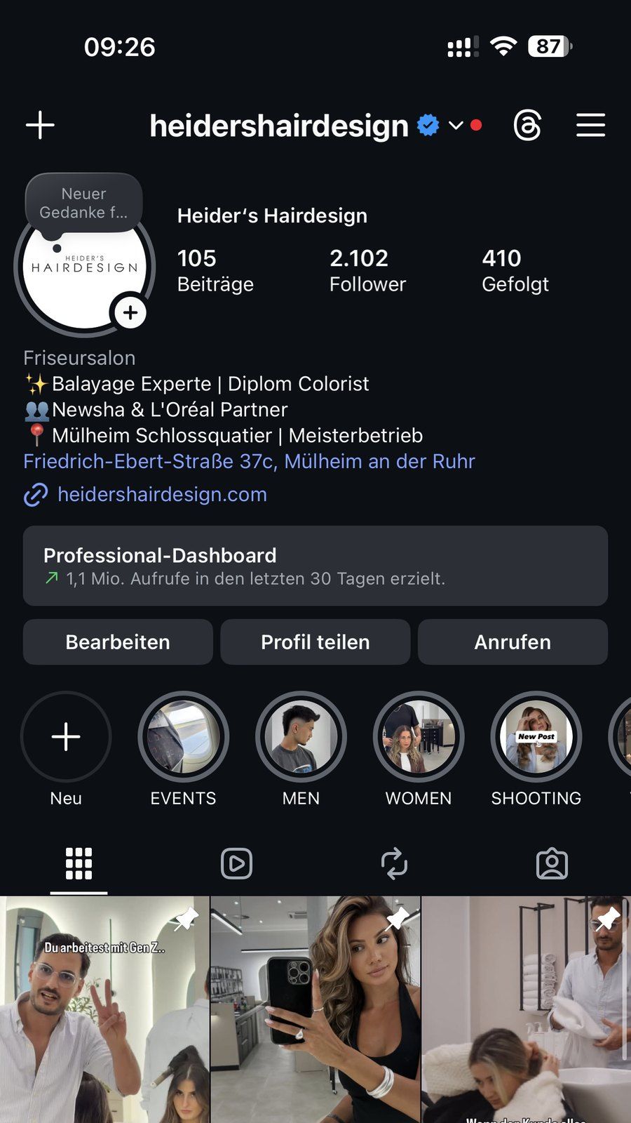 Instagram-Profil von Heiders Hairdesign nach einem Jahr Betreuung