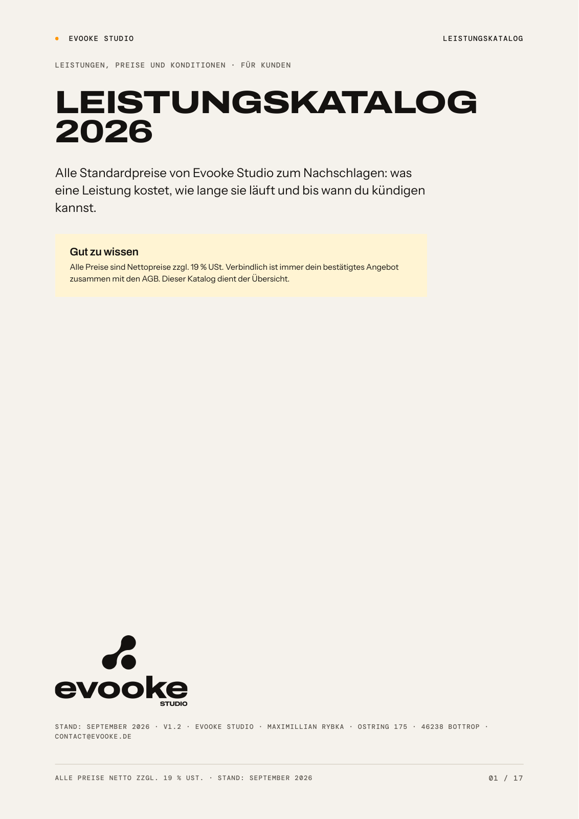 Titelseite des Leistungskatalogs 2026