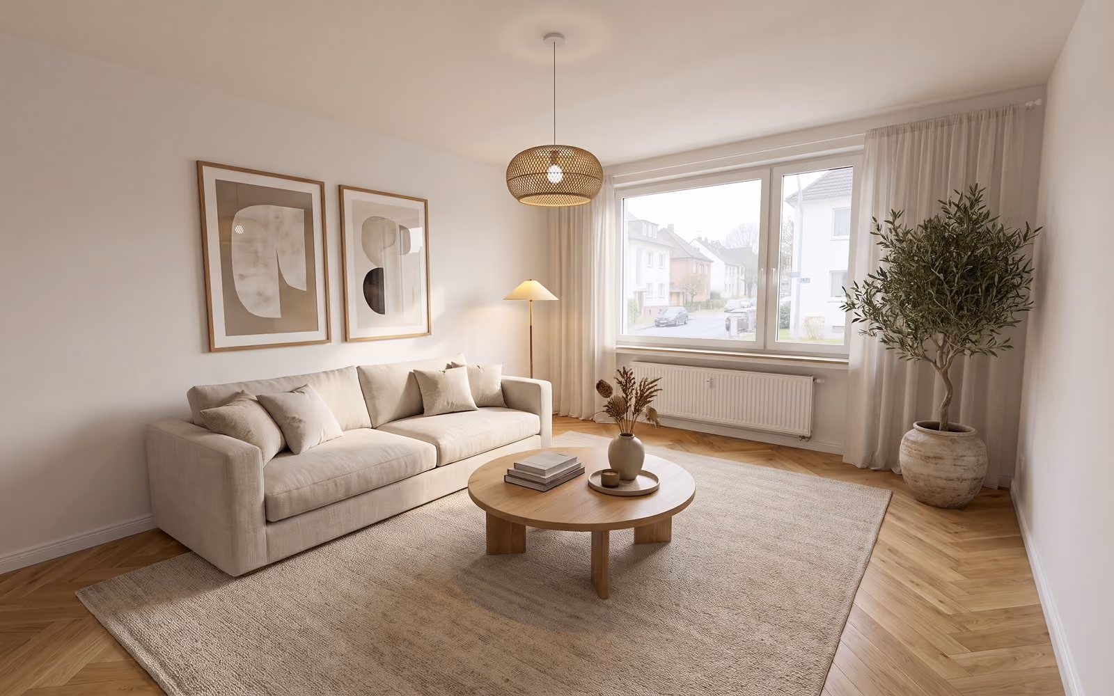 Derselbe Raum nach dem Virtual Staging, digital eingerichtet