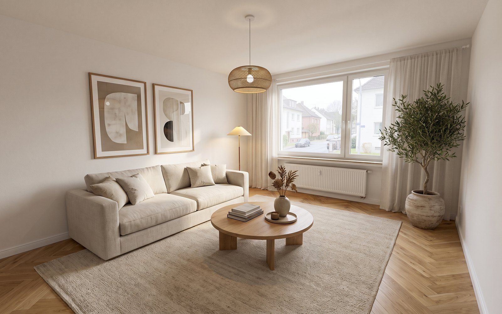 Derselbe Raum nach dem Virtual Staging, digital eingerichtet