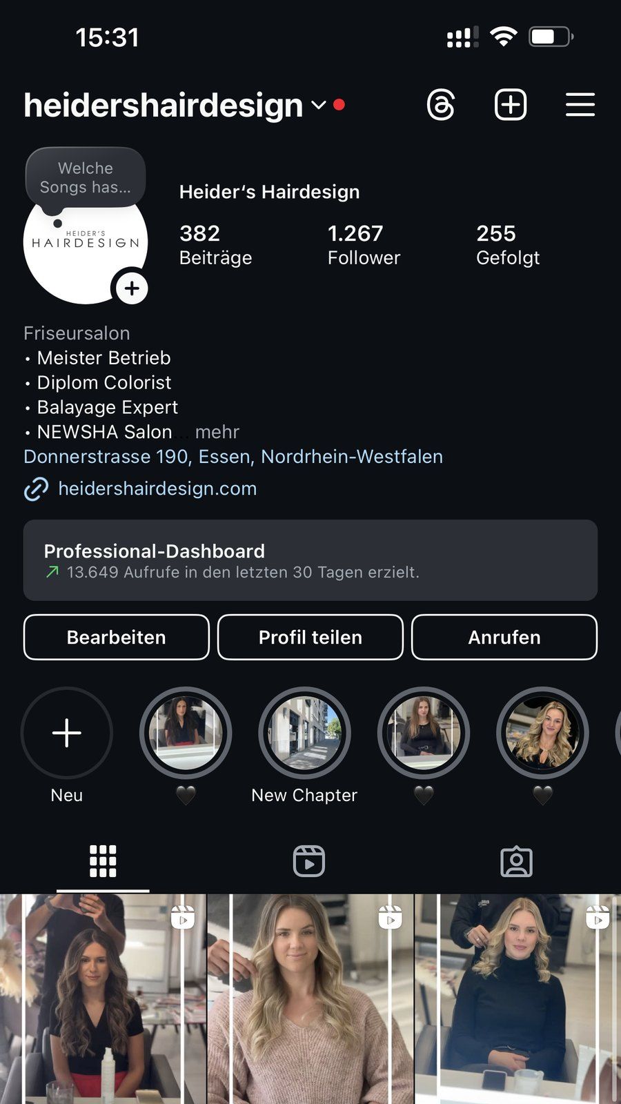 Instagram-Profil von Heiders Hairdesign vor der Betreuung